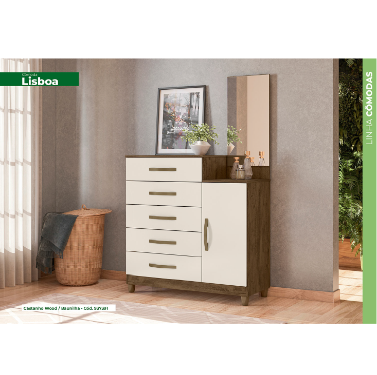 PREÇO + BARATO DO BRASIL | Cômoda Lisboa 1 Porta E 5 Gavetas C/ Espelho | L 1,04 | Moval 