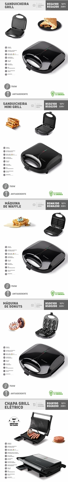 Sanduicheira | Máquina de Waffle | Máquina de Donuts | Chapa Elétrica |  BSSA200 - BSSG - BSWA200 -BSDO200 - BSGR200 | Be Smart 0525