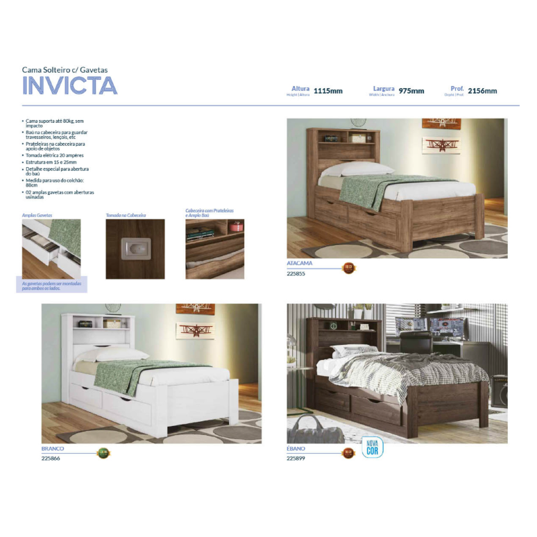 PREÇO + BARATO DO BRASIL | Cama Solteiro Invicta Com Gavetas | 225855 | Santos Andirá