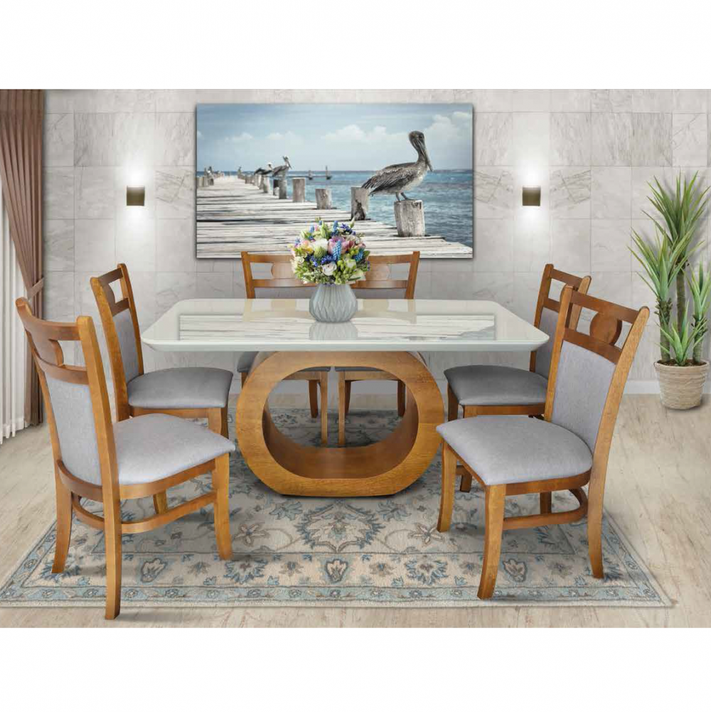 Mesa Ocre Tampo C/ Vidro E 6 Cadeiras | RC122 | Tá Barato!! Consulte | Rosil