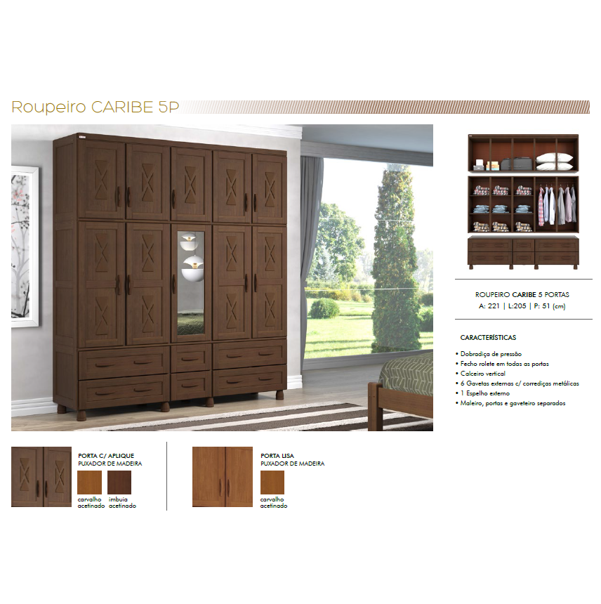 PREÇO + BARATO DO BRASIL | Roupeiro Caribe 5 Portas 221x205cm | Tozzeto Móveis