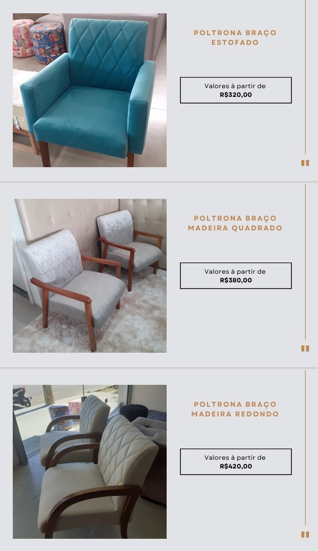 Poltrona | Braço Estofado - Braço Madeira Quadrado  - Braço Madeira Redondo | Confidare | Venda+50% 0525