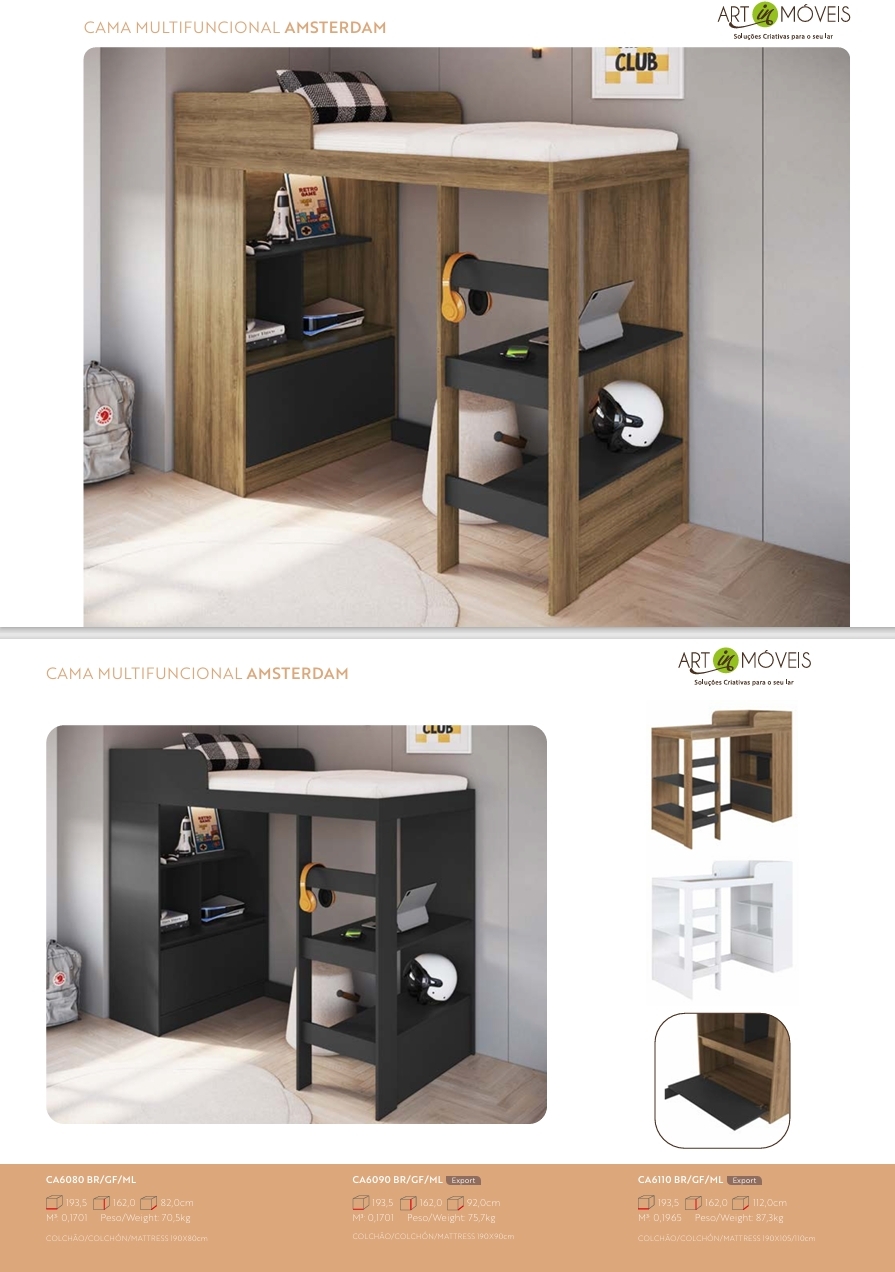 Cama Multifuncional Amsterdam | CA6080 -CA6090 - CA6110 | Art in Móveis 0825 