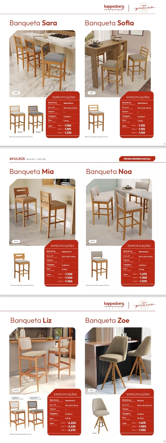 Banquetas | Sara - Sofia - Mia - Noa - Liz - Zoe| Venda:-62% | Kappesberg Sala de Jantar Premium 0925