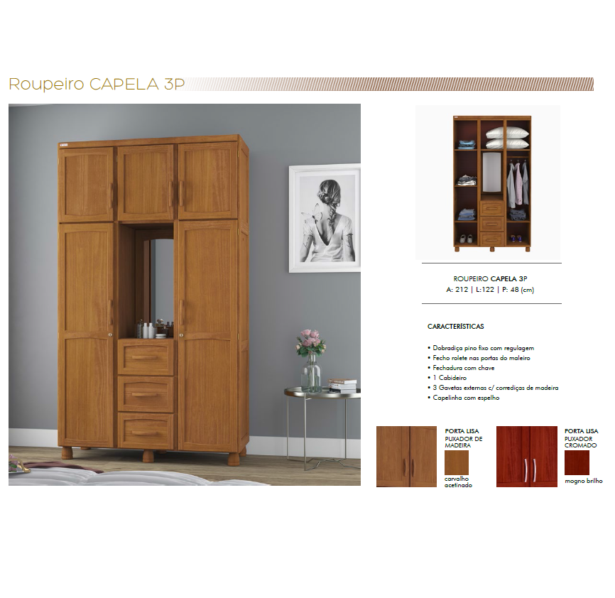 PREÇO + BARATO DO BRASIL | Roupeiro Capela 3 Portas 212x122cm | Tozzeto Móveis