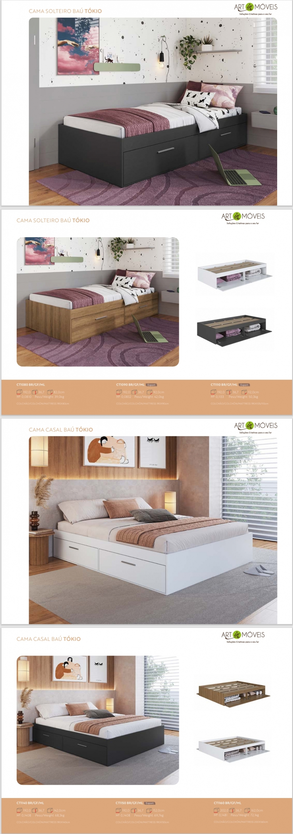 Cama Baú Tókio | Casal e Solteiro | CT1080 - CT1090 - CT1110 - CT1140 - CT1150 - CT1160 | Art in Móveis 0825 