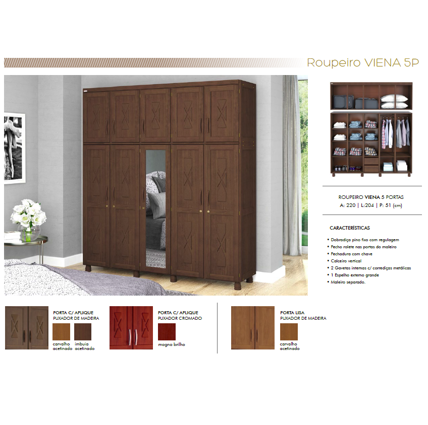 PREÇO + BARATO DO BRASIL | Roupeiro Viena 5 Portas 220x204cm | Tozzeto Móveis