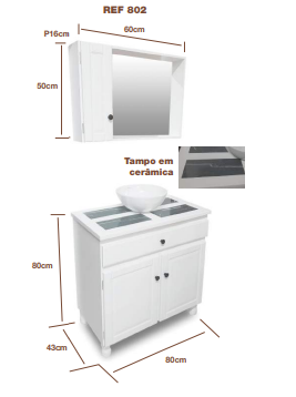 PREÇO + BARATO DO BRASIL | Kit Banheiro 0,80m branco cuba sobr tpo cerâmica | REF 802 | ZN Móveis 
