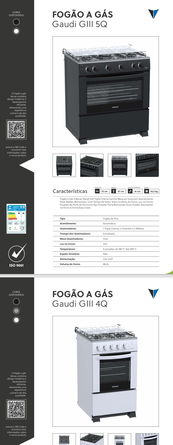 Fogão a Gás | Gaudi GIII 5Q - Glaudi GIII 4Q | Venax 0525