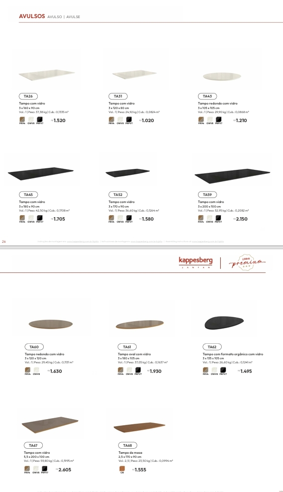 Tampos | TA26 - TA31 - TA43 - TA45 - TA52 - TA59 - TA60 - TA61 - TA62 -  TA67 -  TA68 | Venda:-62% |  Kappesberg Sala de Jantar Premium 0925