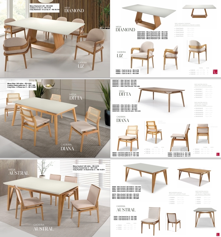 Conjunto | Mesa Diamond + Cadeira Liz | Mesa Ditta + Cadeira Diana | Cadeira Austral | Ferrati 0525