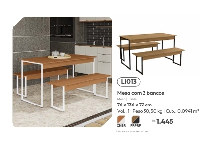 Mesa c/02 Bancos | LI013 | Venda: -65% | Kappesberg Crome | 0525