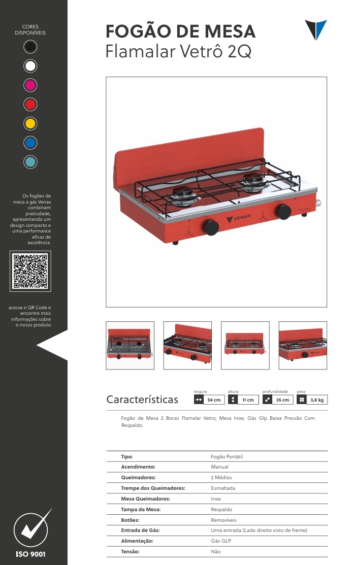 Fogão de Mesa | Flamalar sem Tampa 2Q - Flamalar com Tampa 2Q - Flamalar Vetrô 2Q | Venax 0525