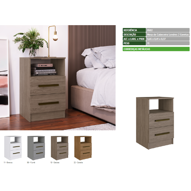 Mesa de Cabeceira Londres 2 Gavetas | 8502 | Faimec Móveis 