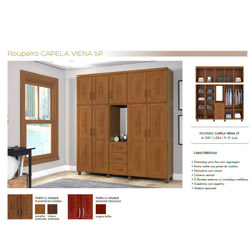PREÇO + BARATO DO BRASIL | Roupeiro Capela Viena 5 Portas 220x204cm | Tozzeto Móveis