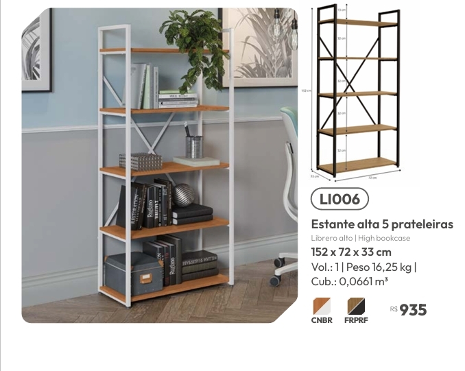 Estante Alta c/05 Prateleiras | LI006 | Venda:-62% | Kappesberg Crome 0925