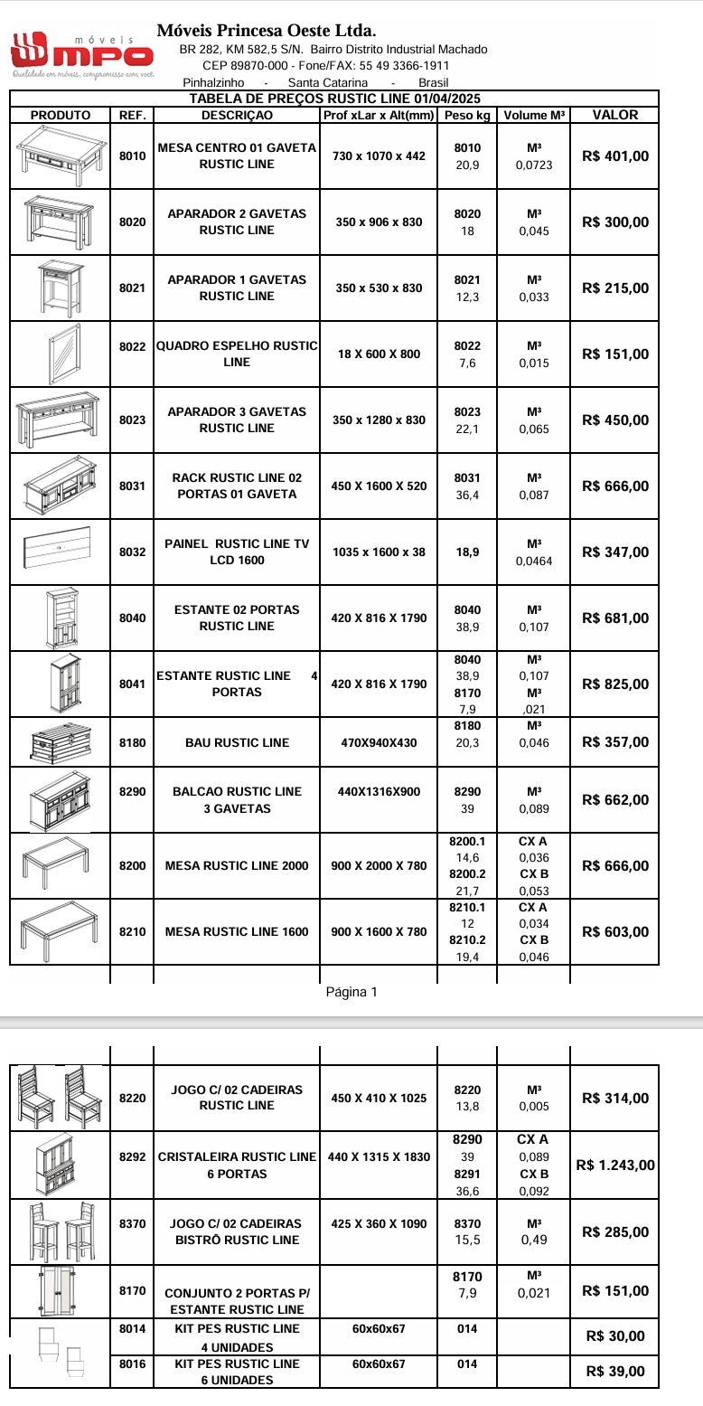 ZMPO | Tabela de Preços da Linha Rustic | Venda: +60% 0425
